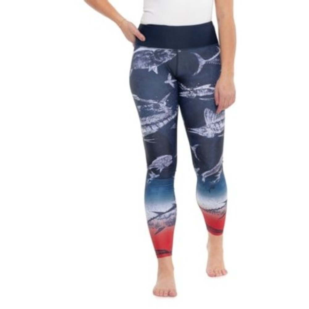 Pelagic Maui Leggings Women Size M Blue Gyotaku Fade Fish Print Dwight Hwang NEW